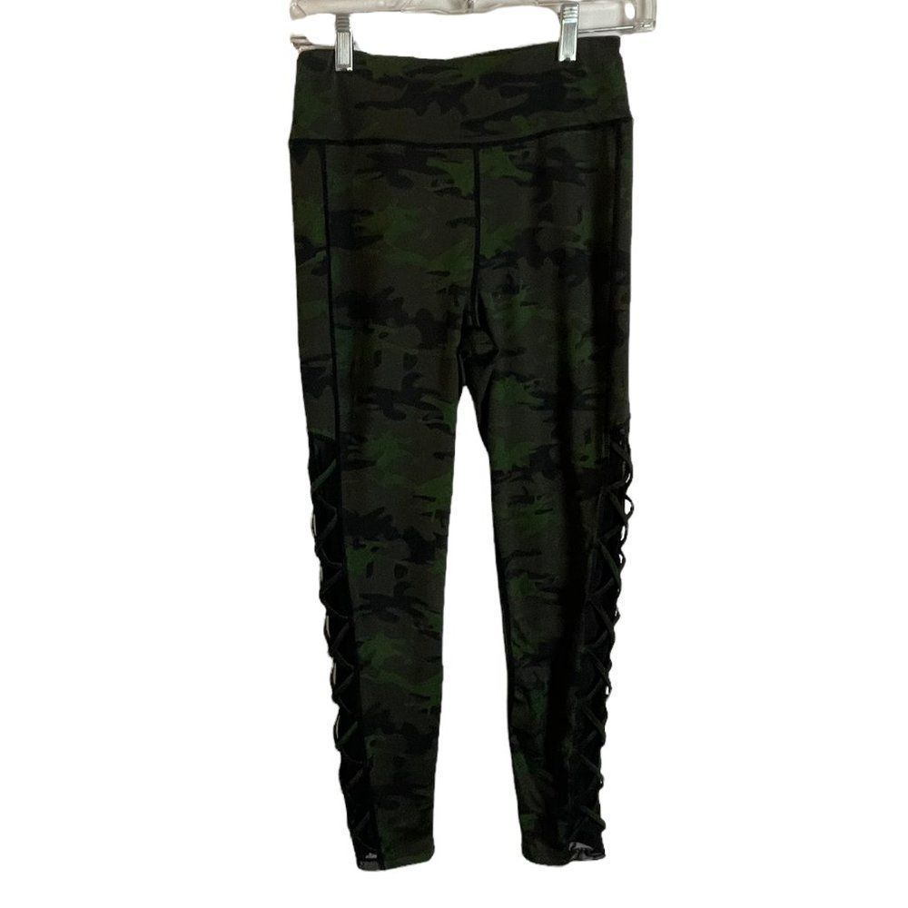 Xhilaration Green Camo, High Waist, Mid Rise Ankle Mesh Lace up Leggings,